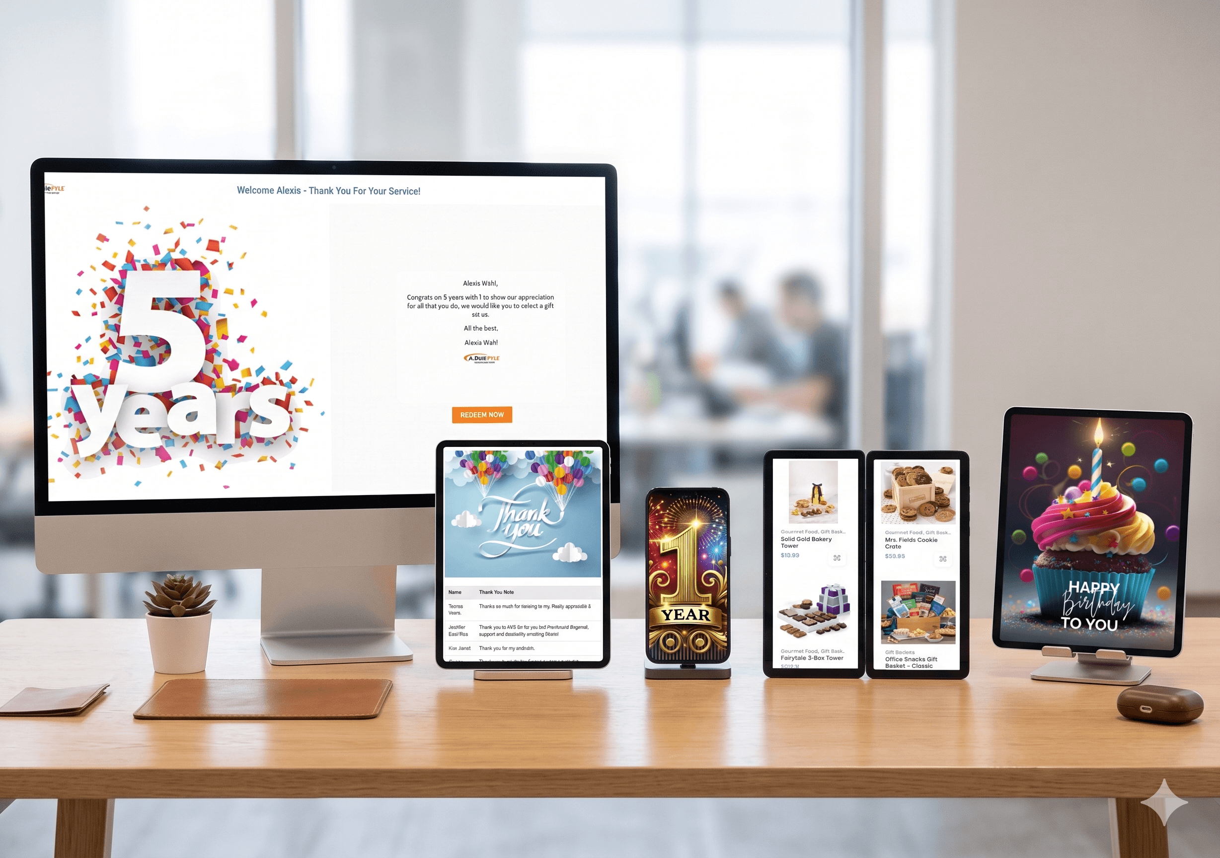 Branded gift redemption portal shown on desktop, tablet, and phone alongside a curated gift catalog