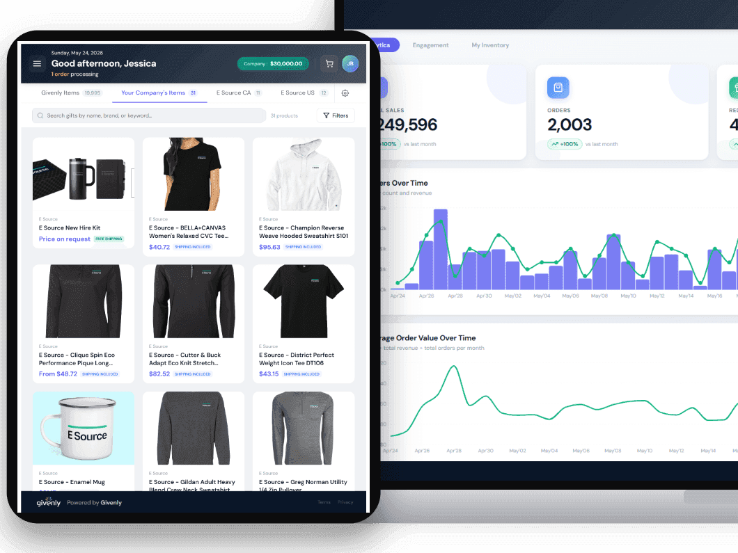 Branded company store on a tablet with a company wallet balance in the header and on-demand branded products