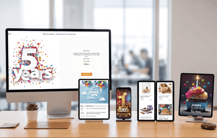 Sample Givenly gifting program cases — service anniversary, birthday, thank-you, and milestone redemption experiences