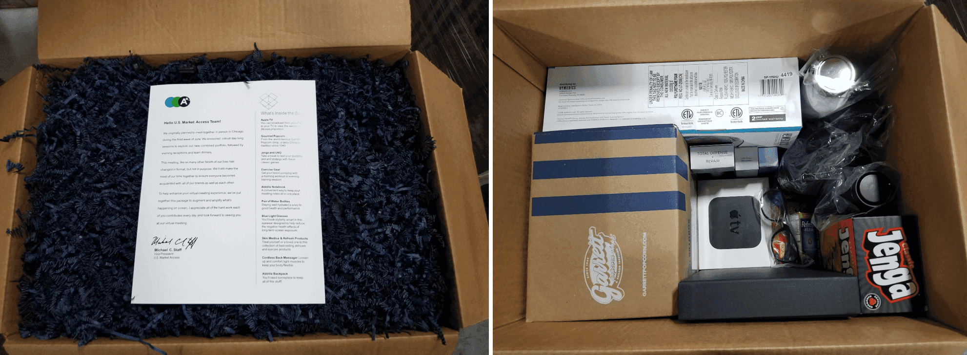 AbbVie virtual sales conference kit — branded welcome letter on dark crinkle paper paired with one of five daily themed kits featuring Garrett popcorn, Apple TV, and Jenga