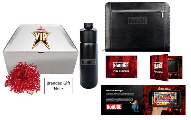 Huuuge Games VIP appreciation kit with branded box, water bottle, portfolio, and marketing materials