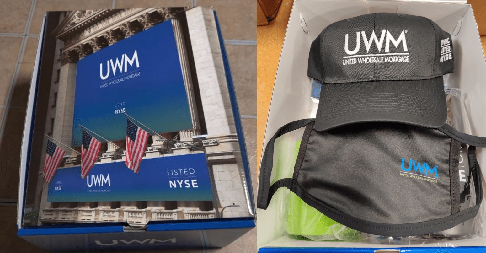 UWM IPO celebration kit — branded NYSE listing card box paired with a UWM cap and face mask