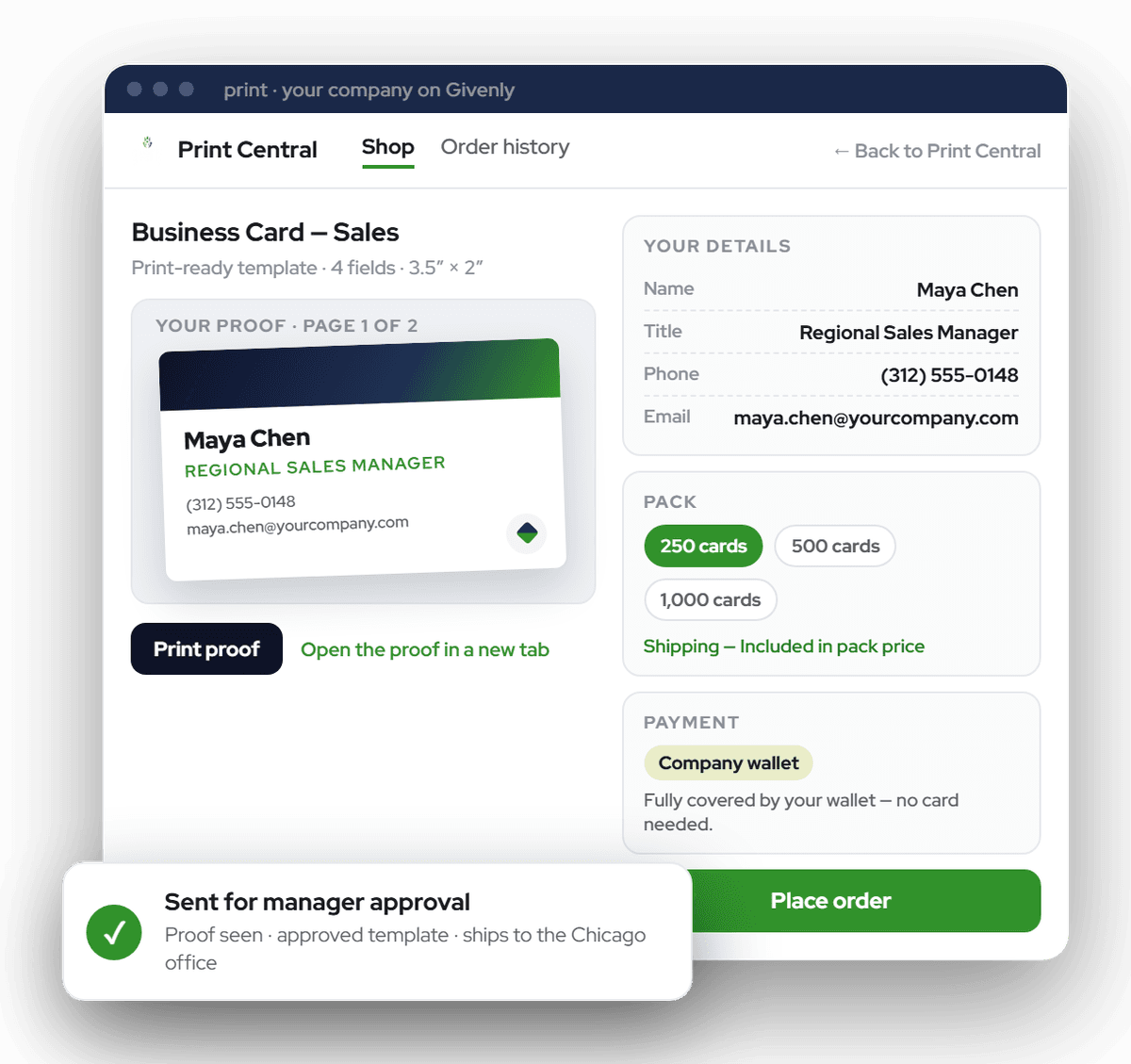 Print Central: a business card order built from an approved template, with a proof ready before it prints