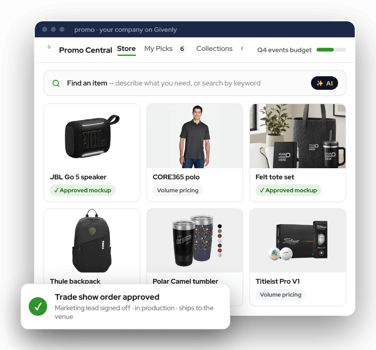 The Promo Central store: a product grid with an AI find-an-item bar, approved mockups and an approved trade show order