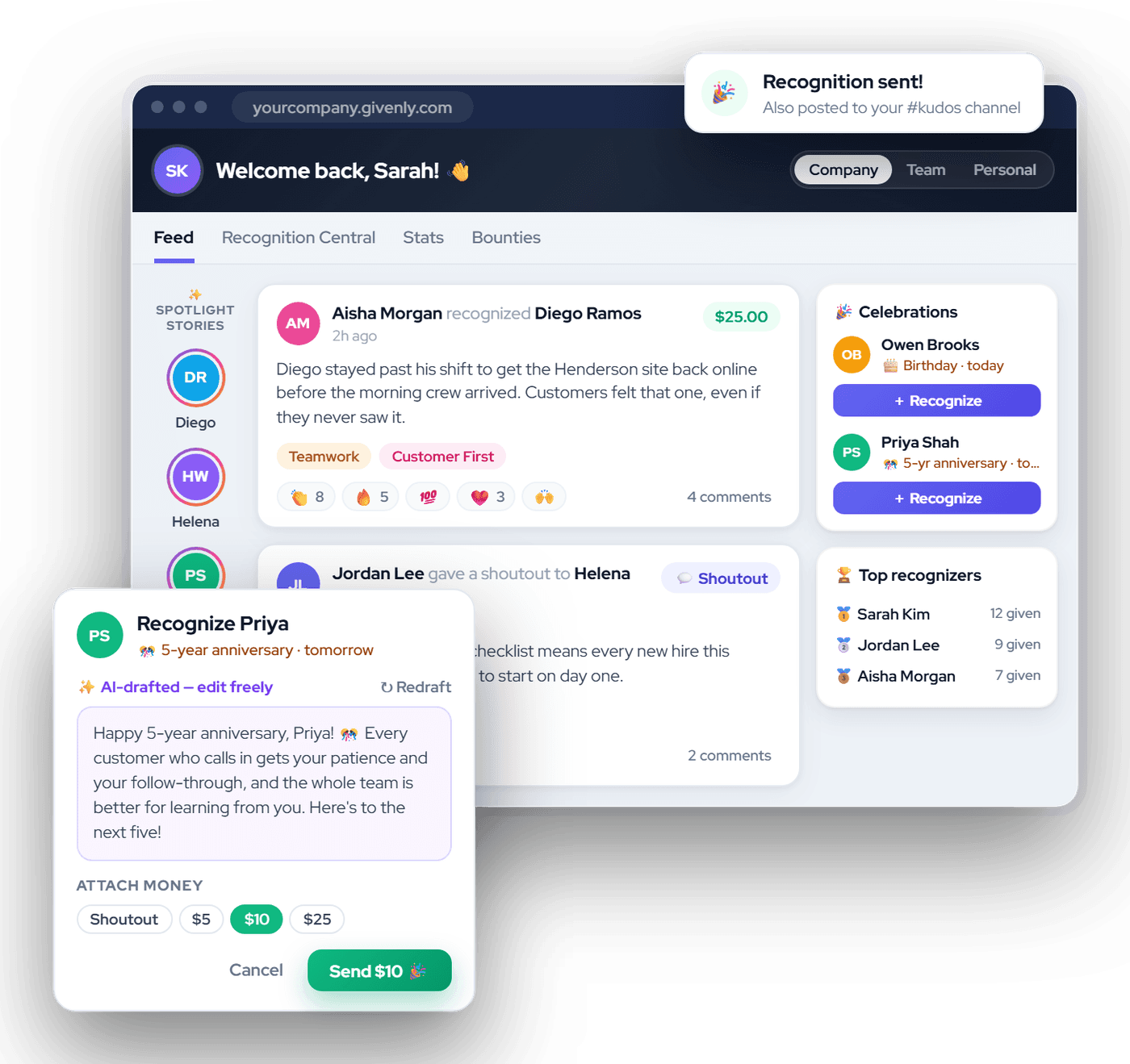 Recognition Central: the company feed with a recognition tagged Teamwork and Customer First, a Celebrations rail, and an AI-drafted anniversary recognition ready to send