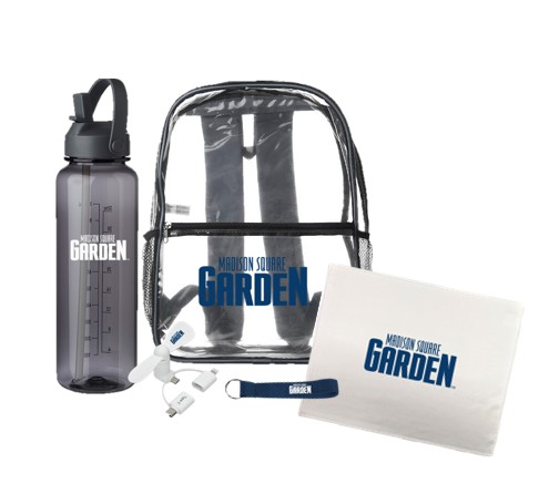 Madison Square Garden branded event kit with clear backpack, water bottle, lanyard, and towel