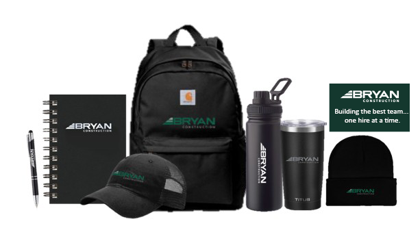 Bryan Construction branded onboarding kit with backpack, journal, water bottle, tumbler, and welcome card
