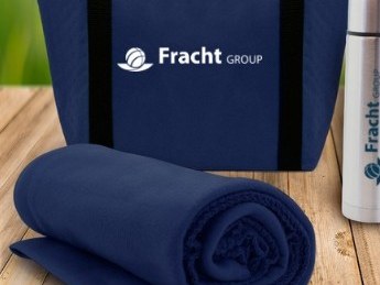 Branded holiday kit with a heavyweight fleece blanket, insulated tote, and vacuum thermos