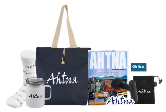 Ahtna branded welcome kit with tote, tumbler, heritage book, branded socks, and gift bag