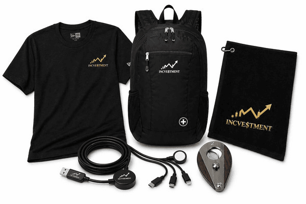 IncVestment On-the-Go Essentials new hire kit with branded backpack, tee, charging cables, and golf towel