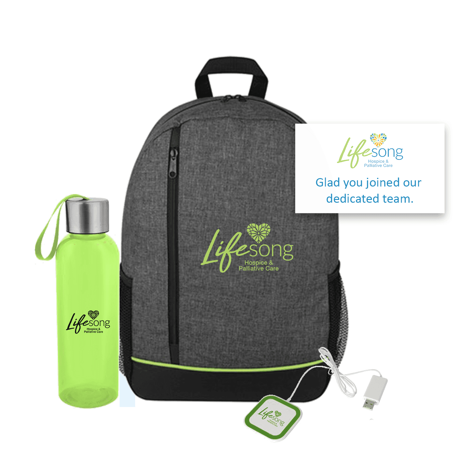 Lifesong Hospice branded onboarding kit with backpack, bottle, and dedicated-team welcome card