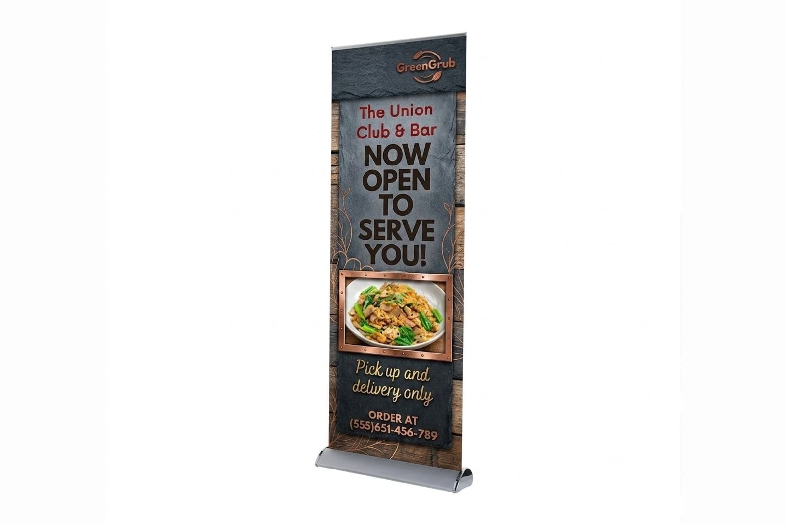 A retractable banner stand with a full-color graphic