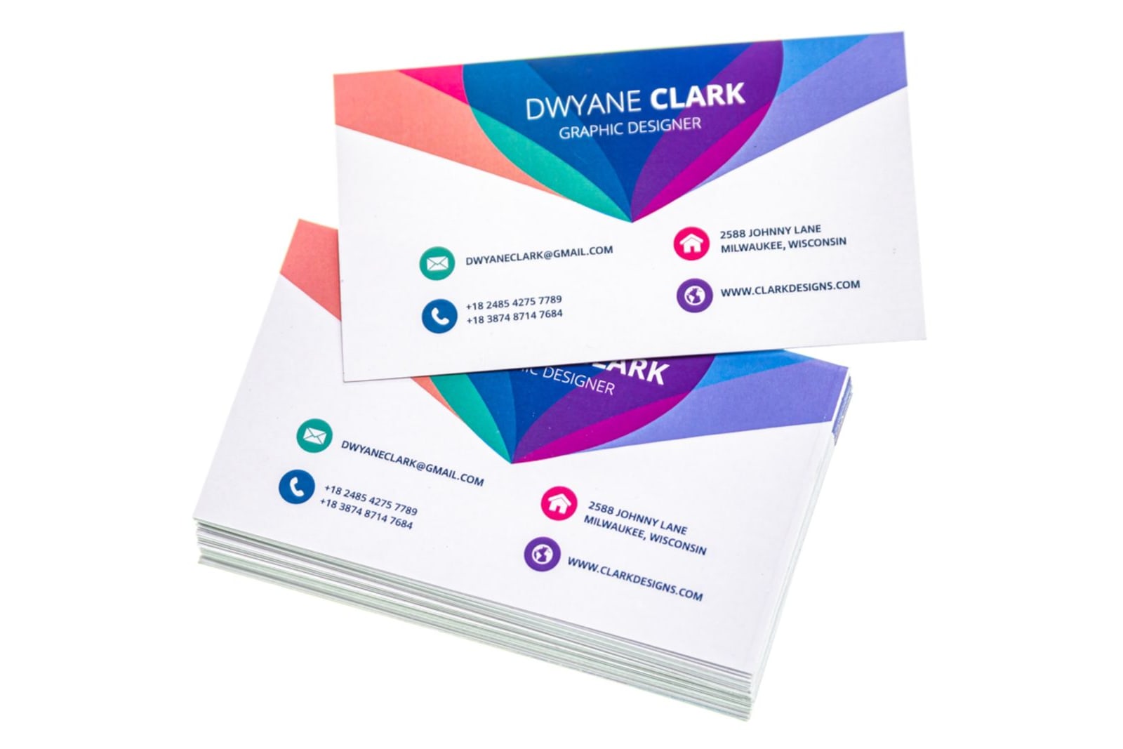 A stack of full-color business cards