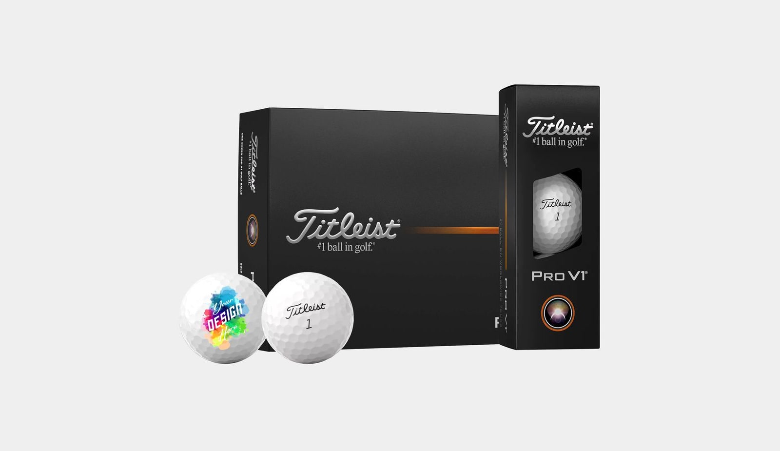 Titleist Pro V1 golf balls, one carrying a your-design-here imprint