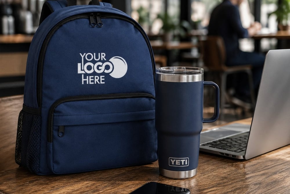 A navy backpack with a your-logo-here mark, the logo placement outlined for resizing