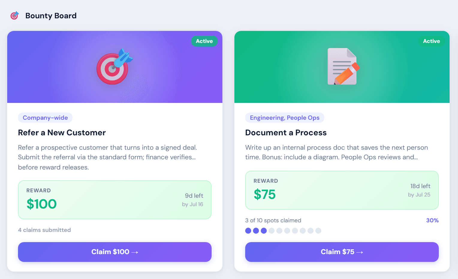 The Recognition Central Bounty Board: Refer a New Customer, a company-wide $100 bounty with 4 claims submitted, and Document a Process, a $75 bounty for Engineering and People Ops with 3 of 10 spots claimed, each with a Claim button