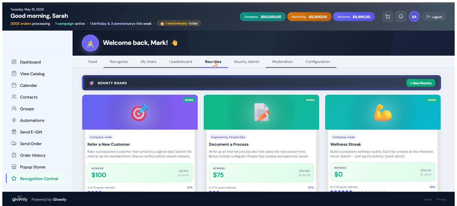 Bounty Board with single, tiered, and parlay bounties