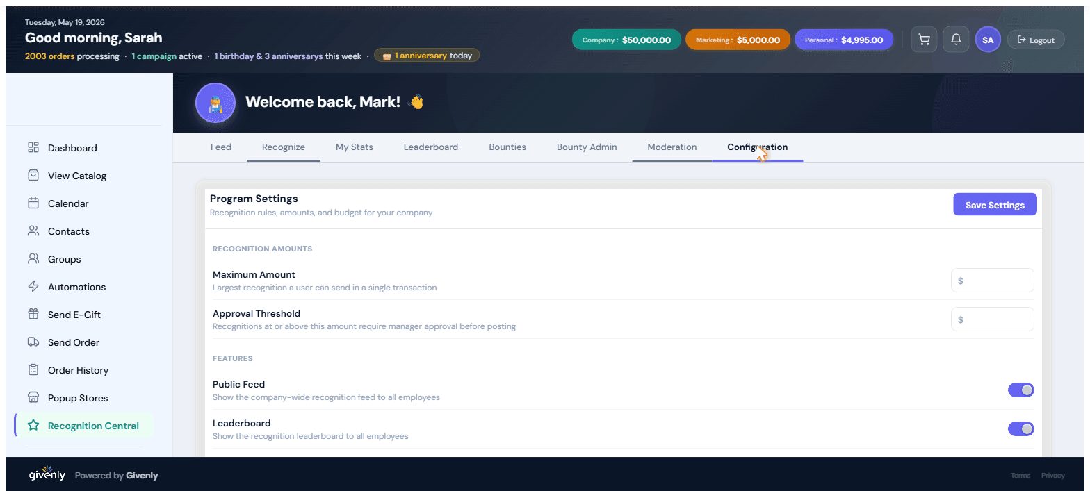 Recognition Central Configuration tab — Program Settings for recognition rules, amounts, and company budget, with Maximum Amount and Approval Threshold fields and company, team, and personal balances in the top bar