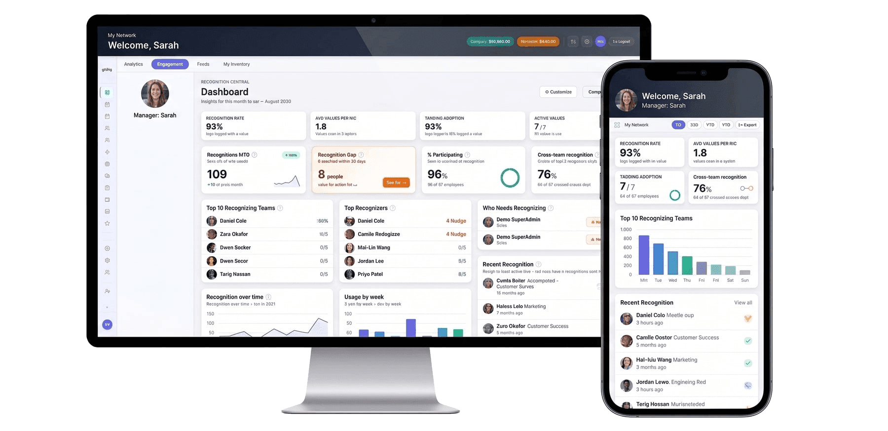 Recognition Central on a desktop monitor and a phone — the manager dashboard with recognition rate, top recognizing teams, and who needs recognizing, beside the mobile recognition feed