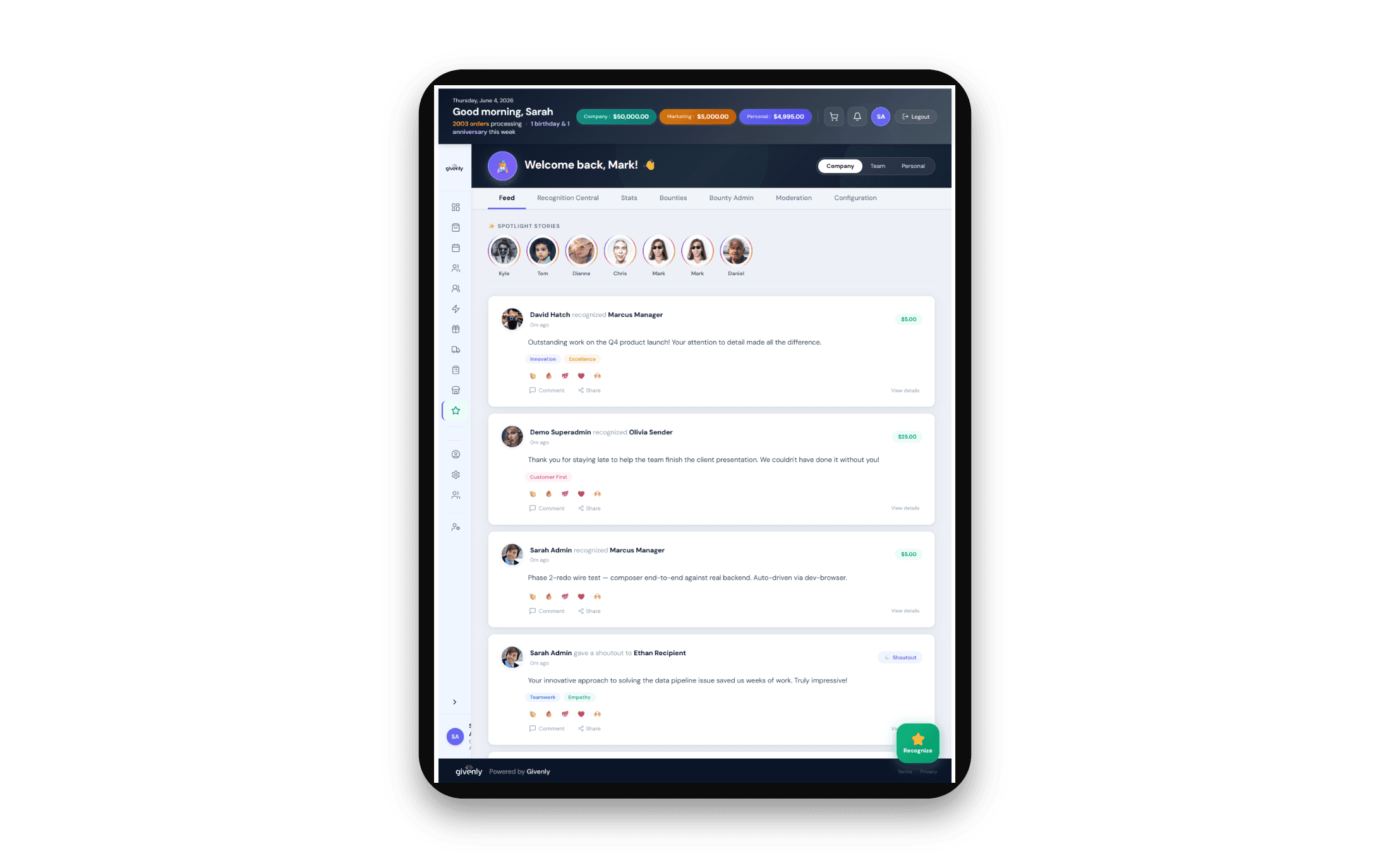 Recognition Central tablet view — peer-to-peer recognitions with point awards, company values, and reactions