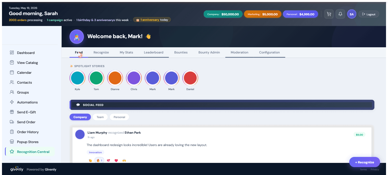 Recognition Central Feed showing peer-to-peer recognitions