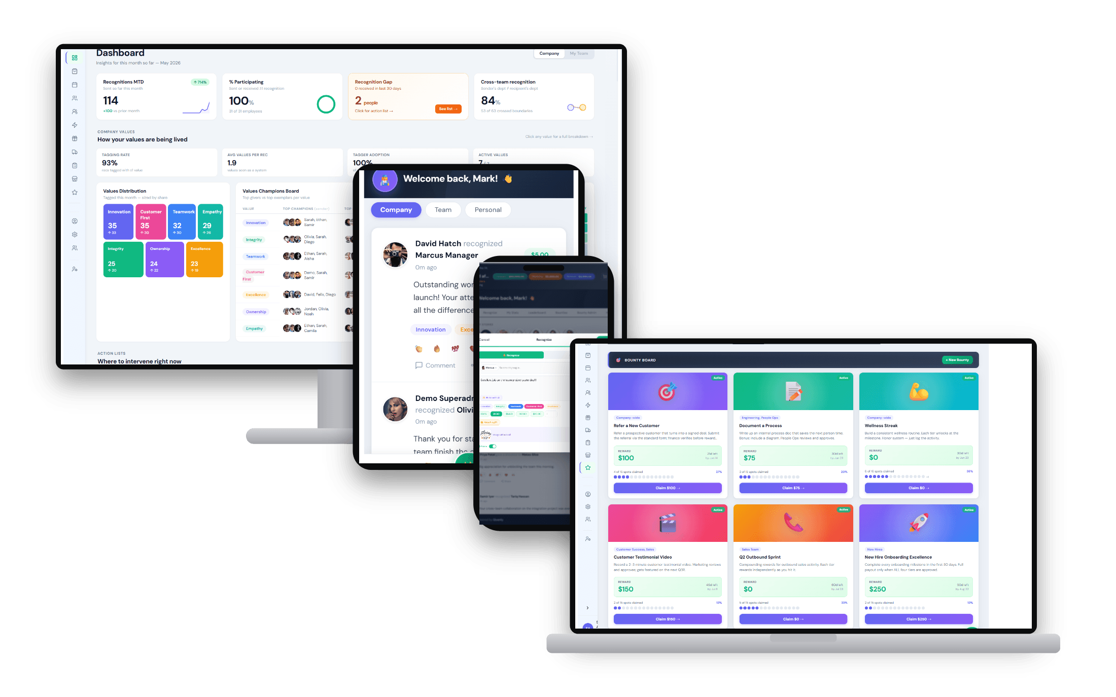 Recognition Central across desktop, mobile, and tablet — engagement dashboard, recognition feed, and bounty board