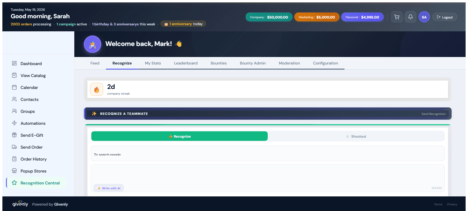 Recognition Central AI-assisted composer — write a shoutout, tag a company value, attach points from your Peer-to-Peer Wallet