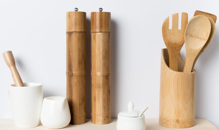 various wooden, ceramic and bamboo kitchen utensils
